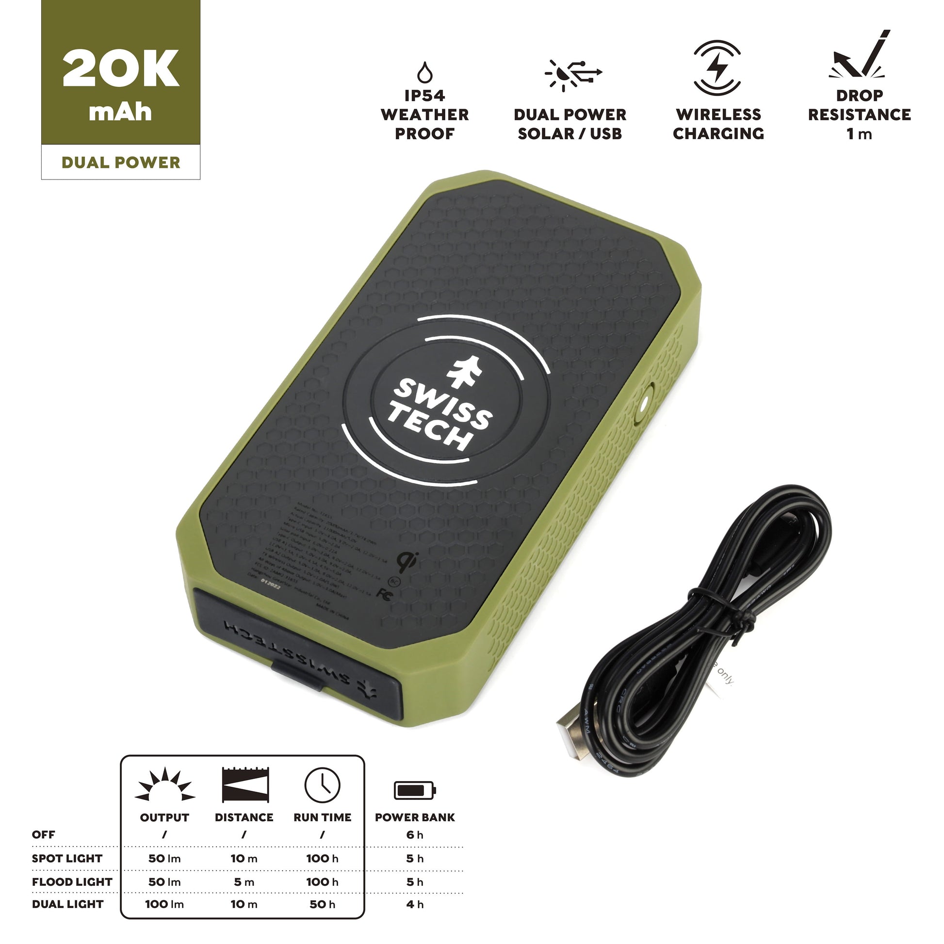 20000Mah Wireless Power Bank with Flashlight and IP54 Protection