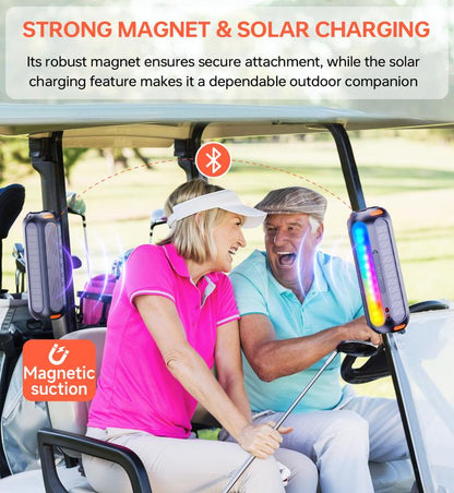 Magnetic Golf Bluetooth Speaker with Solar Charging 30H Playtime, 7 Colorful Flashing Lights Outdoor Waterproof Portable Wireless, for Golf Cart Gifts Hiking Camping